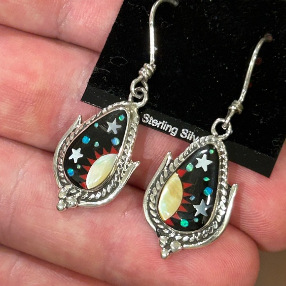 STERLING SILVER NATIVE AMERICAN INLAID CELESTIAL GALAXY CORN EARRINGS .925 - Picture 5 of 7